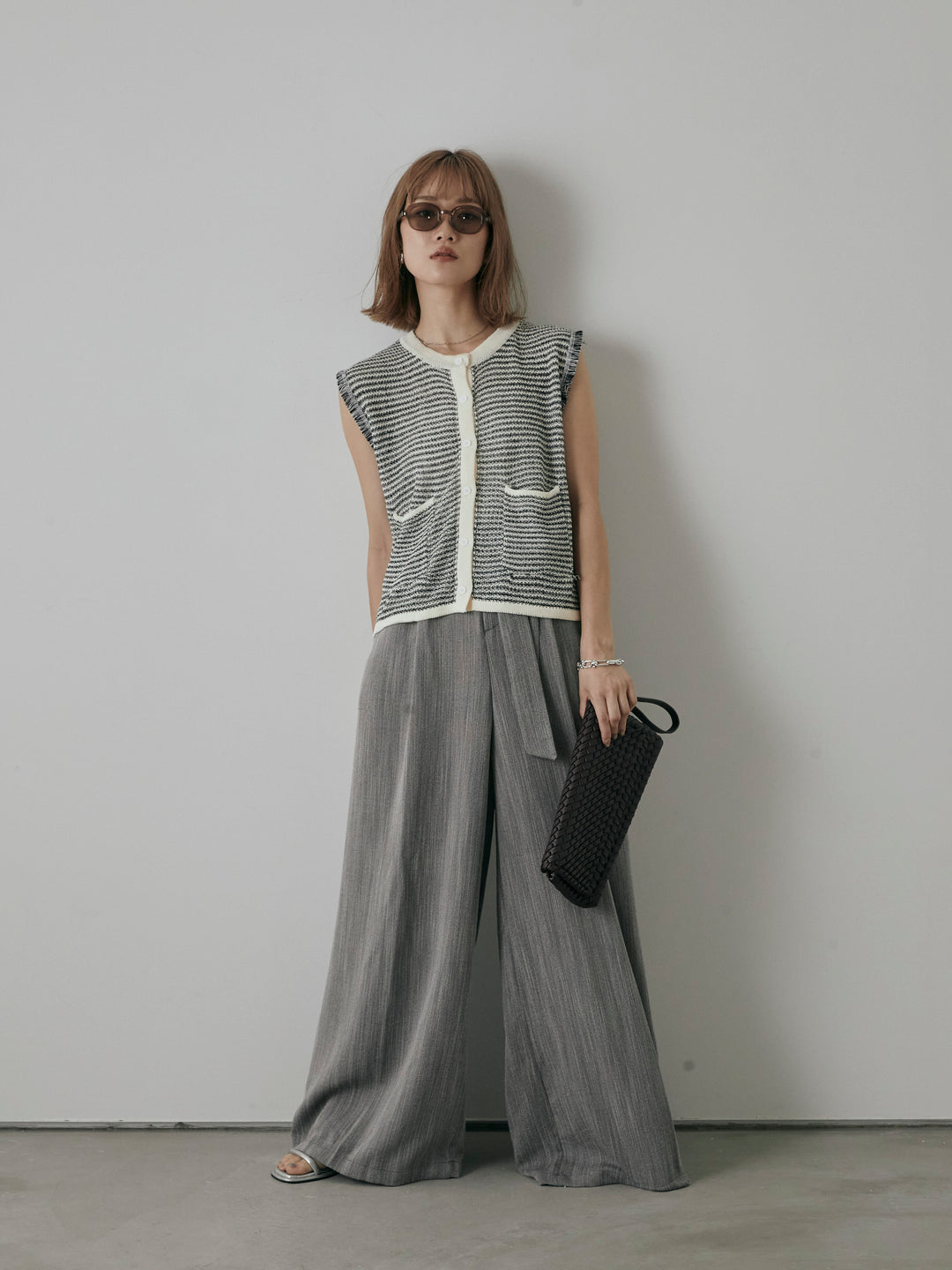 【預購】仿麻腰帶寬褲/灰色