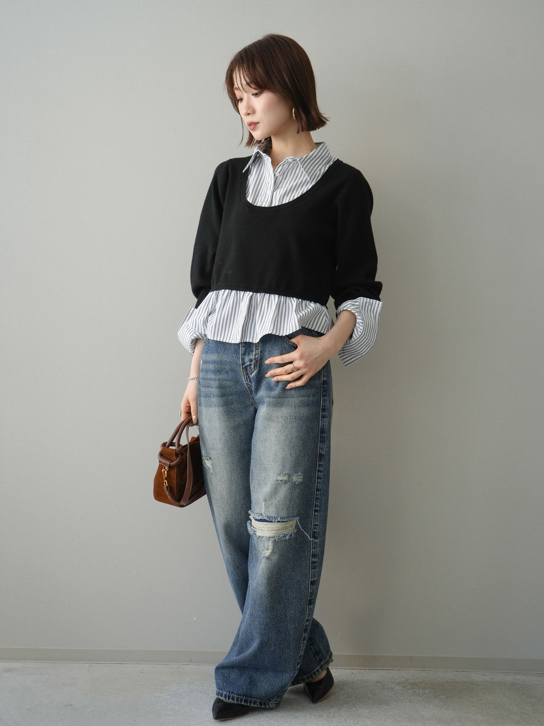 [予約]ダメージデニムセミワイドパンツ/blue