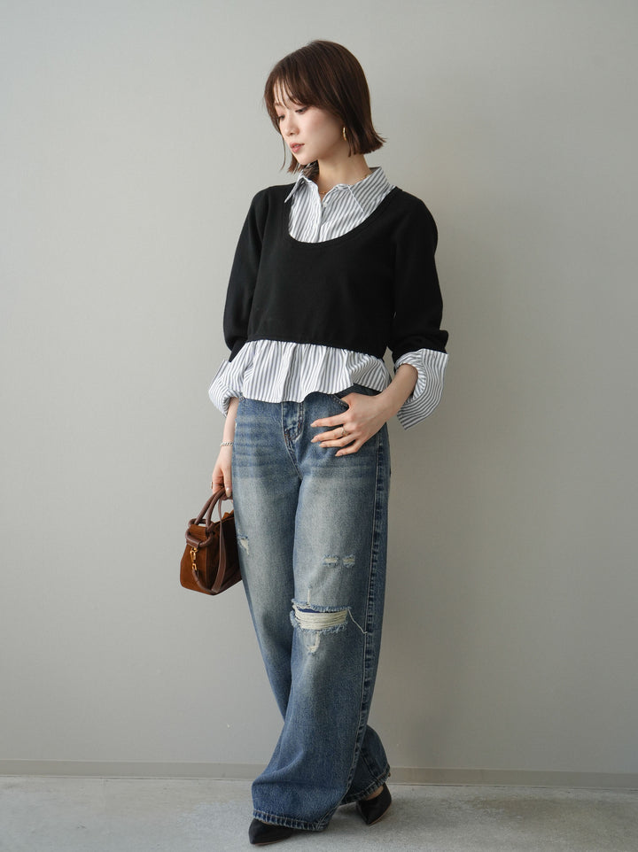 [予約]ダメージデニムセミワイドパンツ/blue
