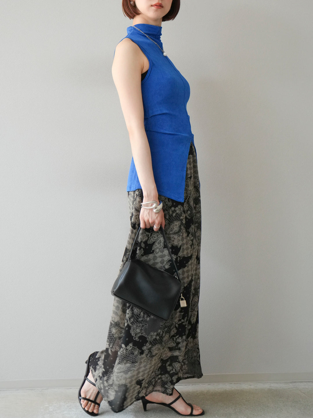 [予約]フラワーパターンフレアスカート/ブラック