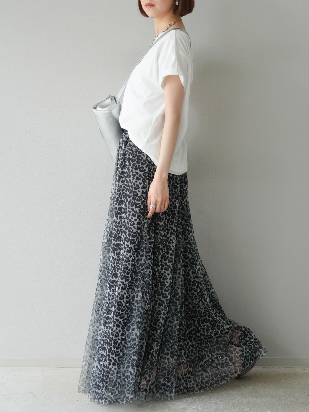 [予約]レオパードチュールレイヤードプリーツスカート/ブラック