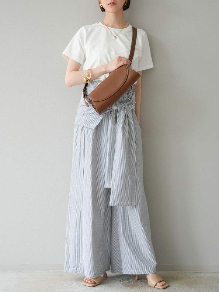 [SET]ビスチェデザインTシャツ+ウエスト巻きストライプイージーパンツ(2set)