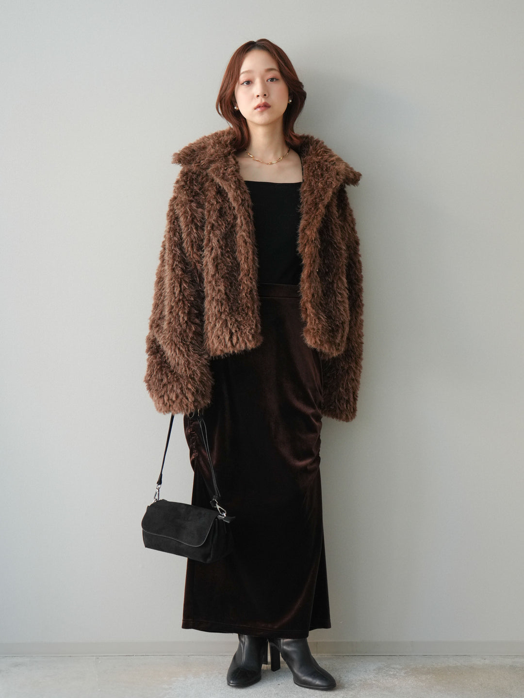 [SET]フェイクファー襟付きショートブルゾン+ギャザーベロアスカート(2set)