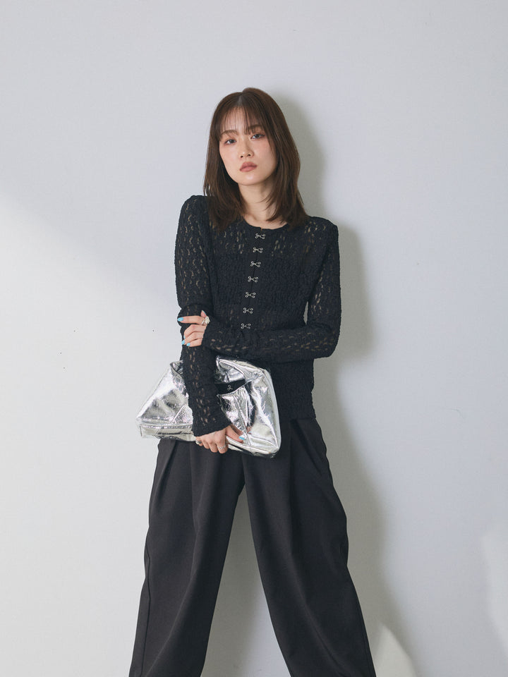 【Allure】[SET]ストレッチレースフロントホックトップス+アシンメトリーウエストタックパンツ(2set)