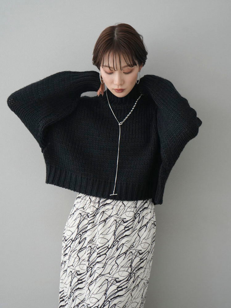 [Pre-order] Rib knit high neck short knit pullover/Black