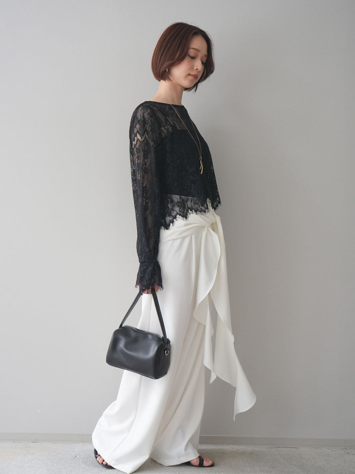 [SET]2WAYスリーブレーストップス+ラッフルベルトワイドパンツ(2set)