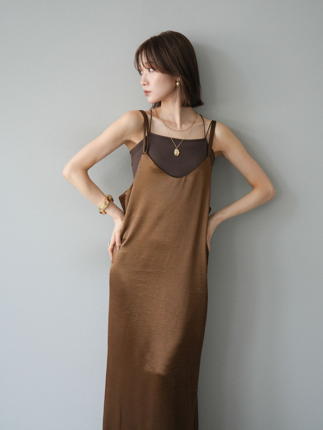[予約]サテンキャミワンピース/ブラウン
