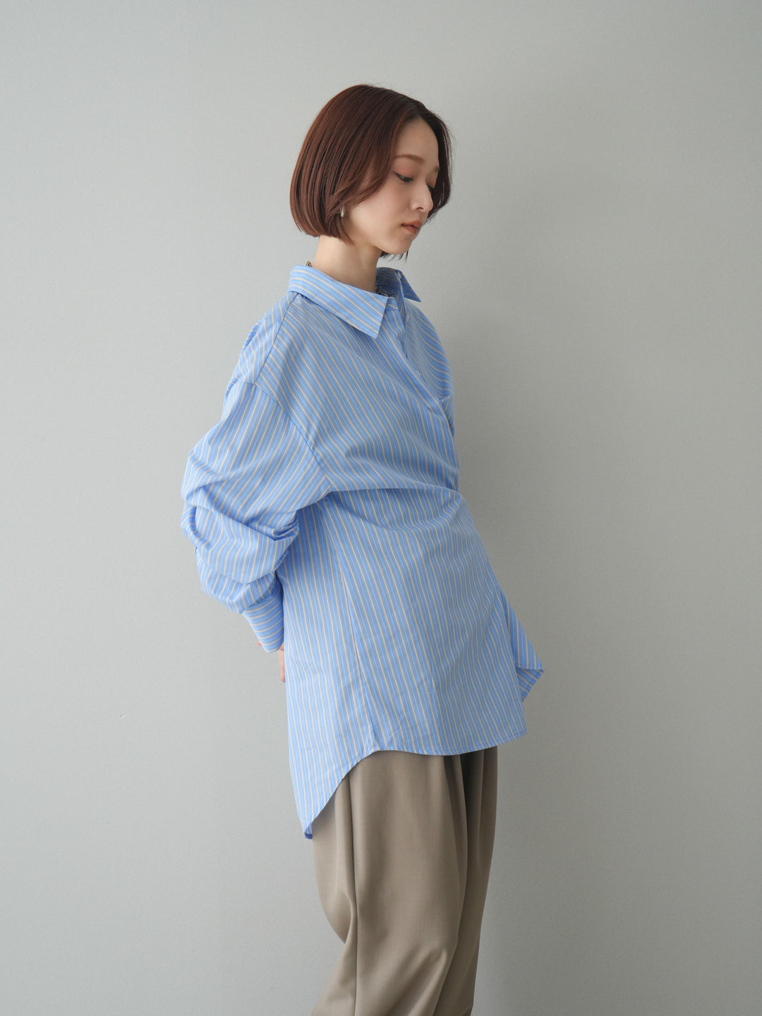 [SET]2wayルーズストライプシャツ+ベルト付キーホルダーモチーフワイドパンツ(2set)