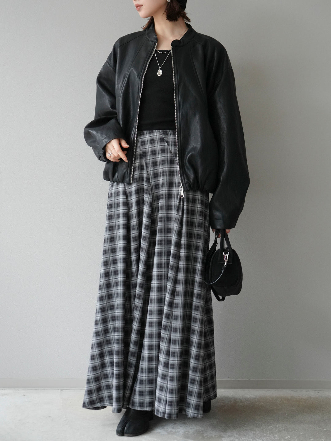 [予約]チェックタックフレアロングスカート/ ブラック