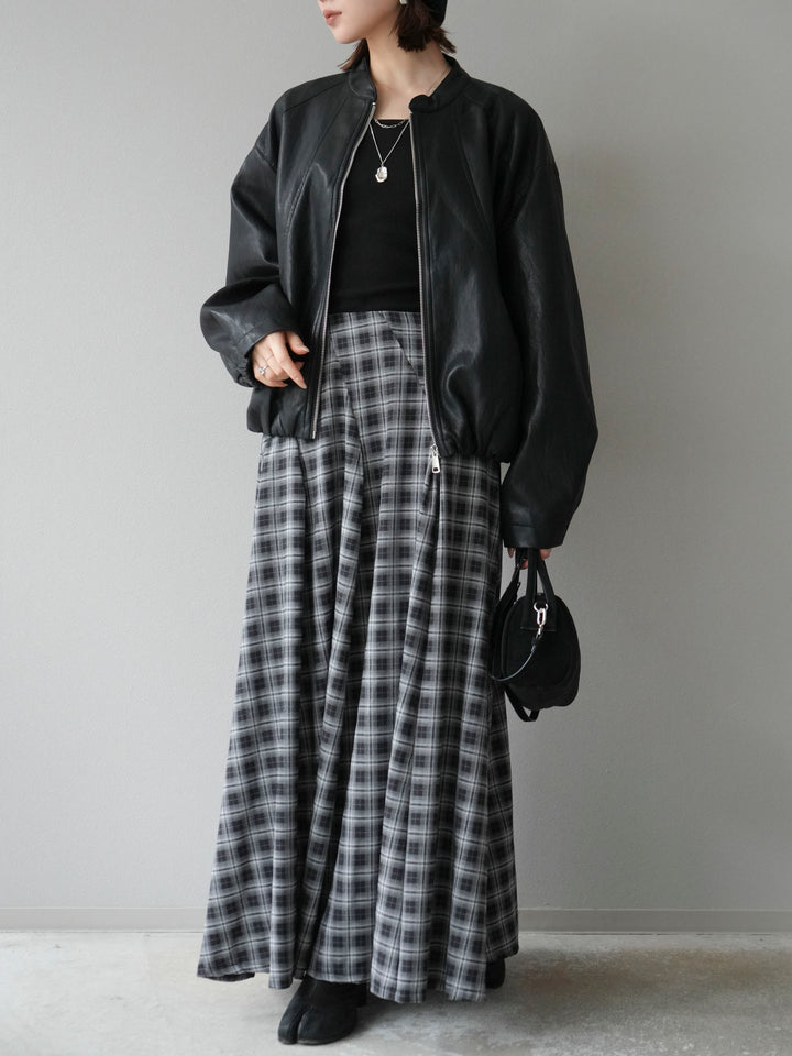 [予約]チェックタックフレアロングスカート/ ブラック