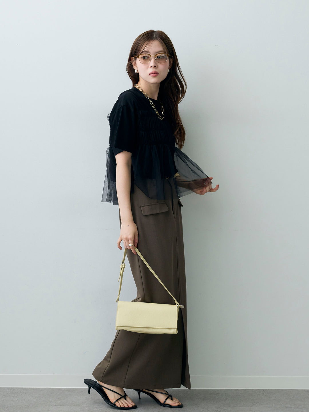 [SET]ギャザーチュールドッキングTEE+クレープデシンフラップ付きストレートスカート(2set)