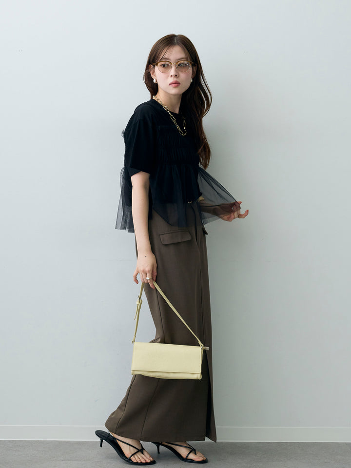 [SET]ギャザーチュールドッキングTEE+クレープデシンフラップ付きストレートスカート(2set)
