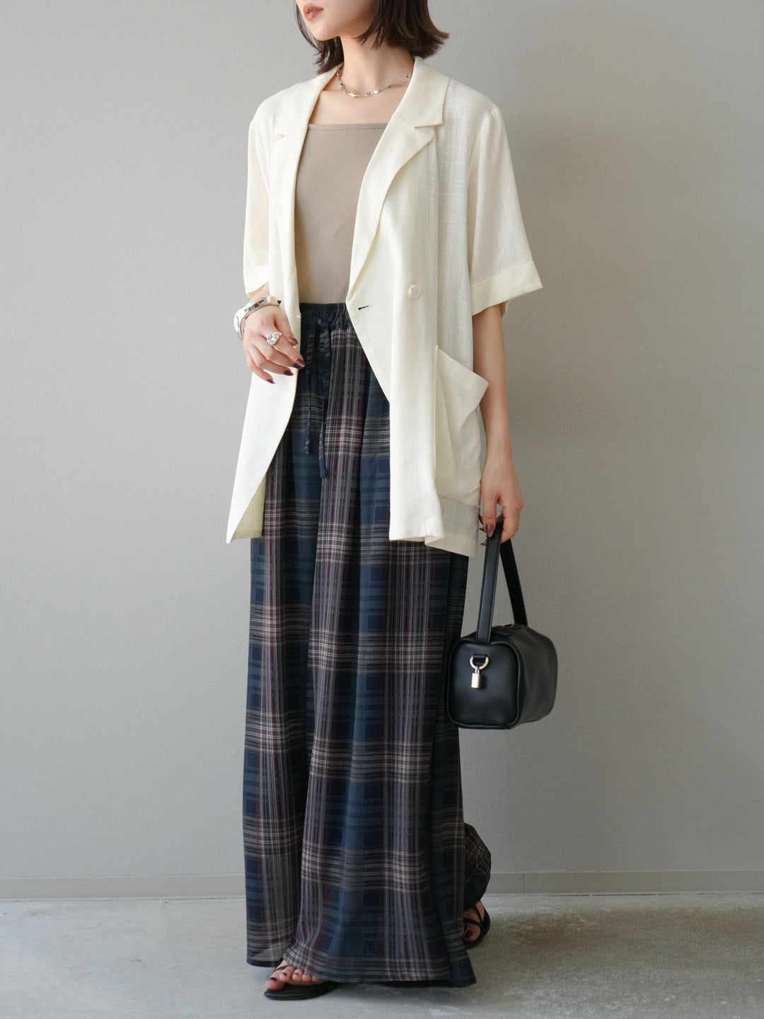 [預購] 透視格紋寬鬆褲/藏青色