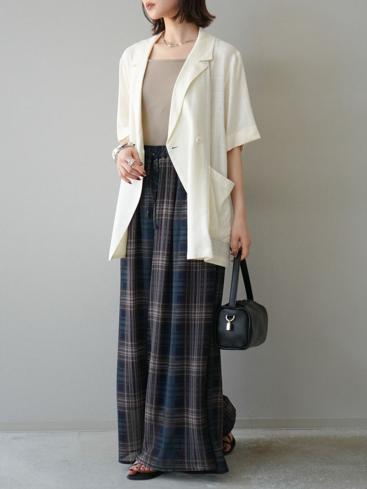 [預購] 透視格紋寬鬆褲/藏青色