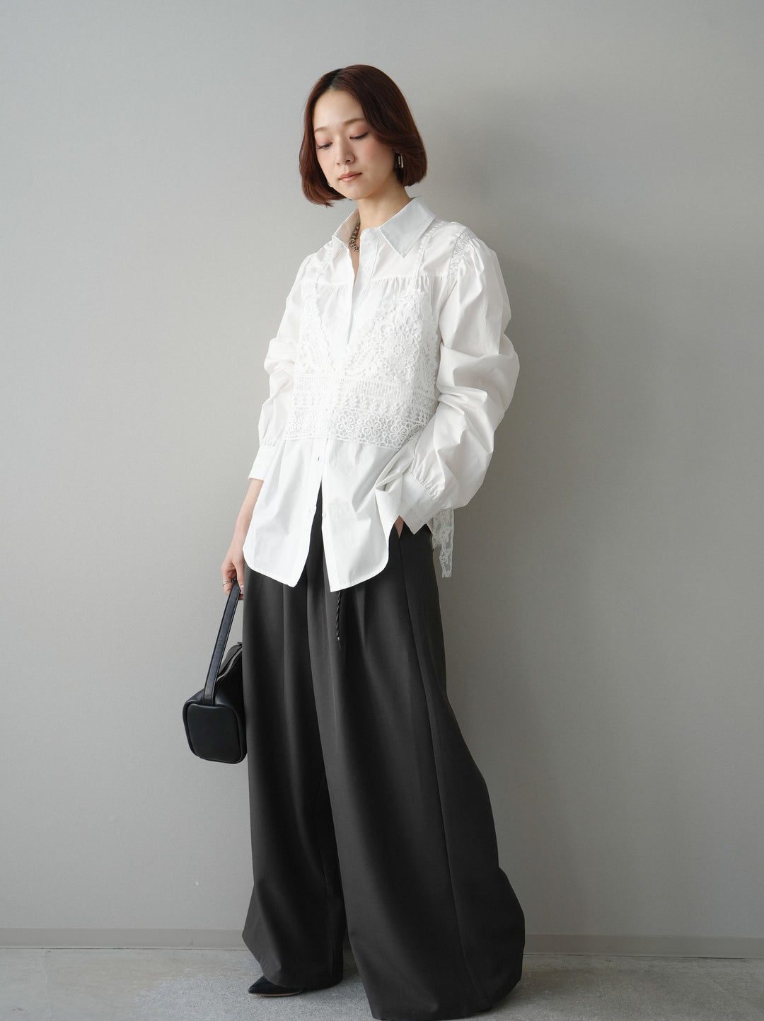 [予約]編み込みベルト付タックワイドパンツ/black