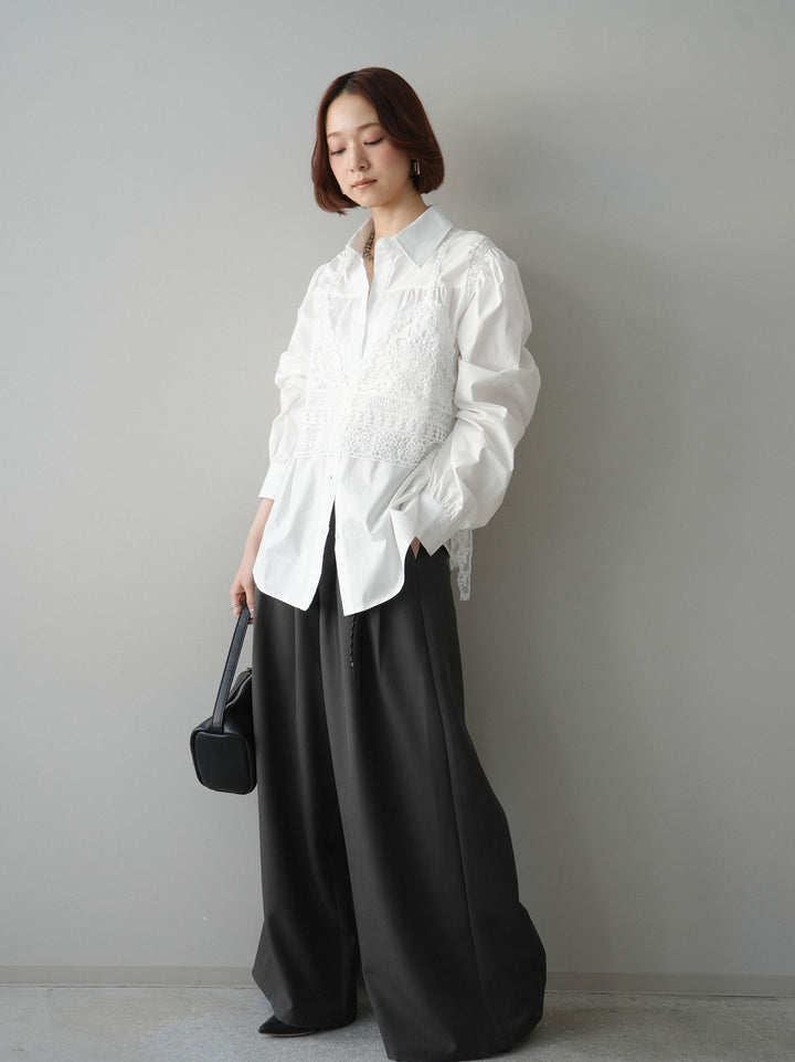 [予約]編み込みベルト付タックワイドパンツ/black