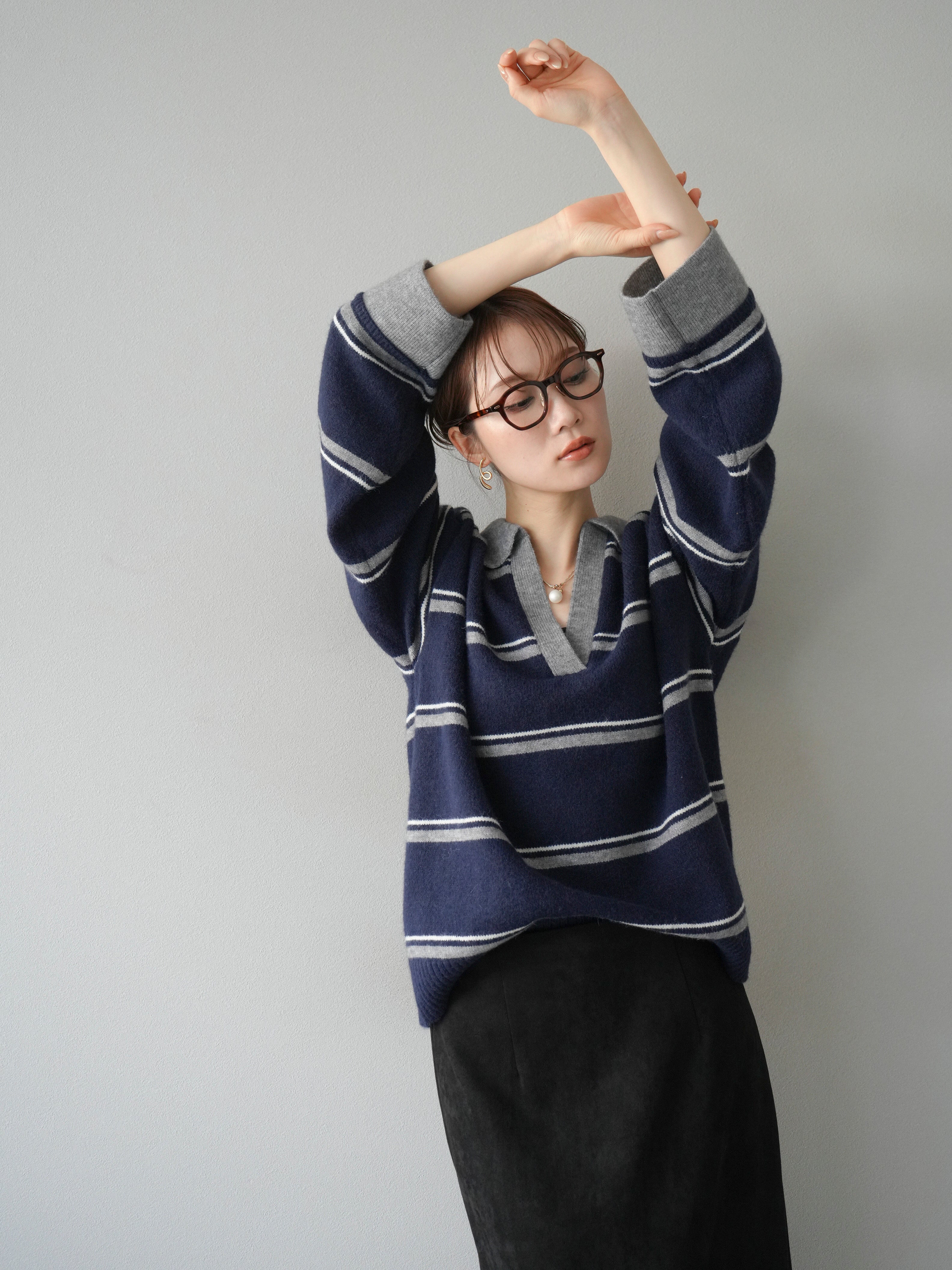 予約]ポロ襟スキッパーボーダーニットプルオーバー/ネイビー