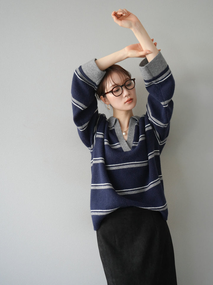 [予約]ポロ襟スキッパーボーダーニットプルオーバー/ネイビー