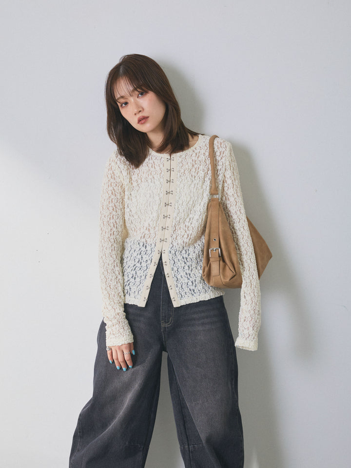 【Allure】[SET]ゴールドボタンニットカーディガン×レースブラウスSET