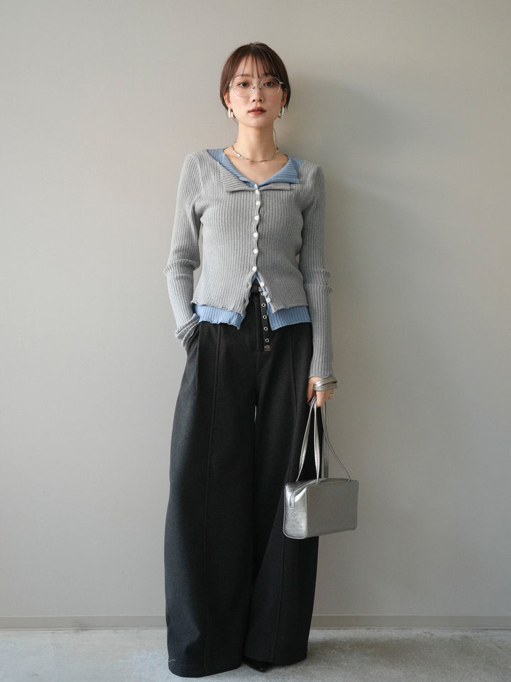 [予約]配色レイヤードリブニットカーディガン/gray