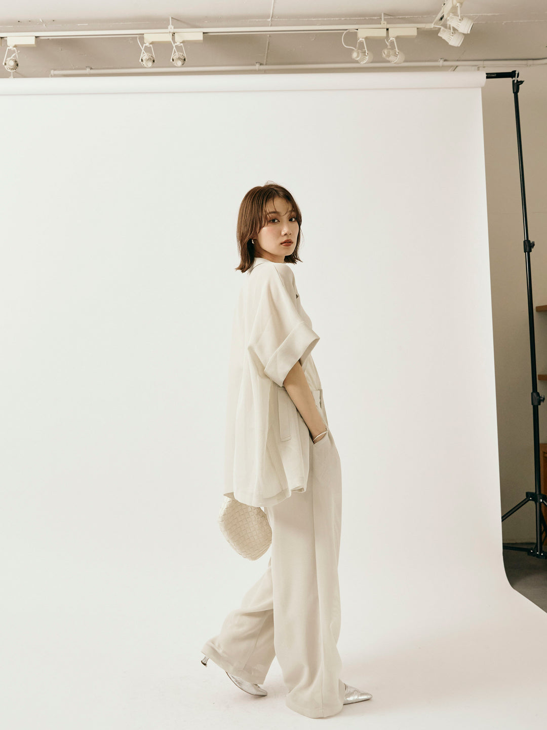 [予約]メッシュタックワイドパンツ/オフグレー