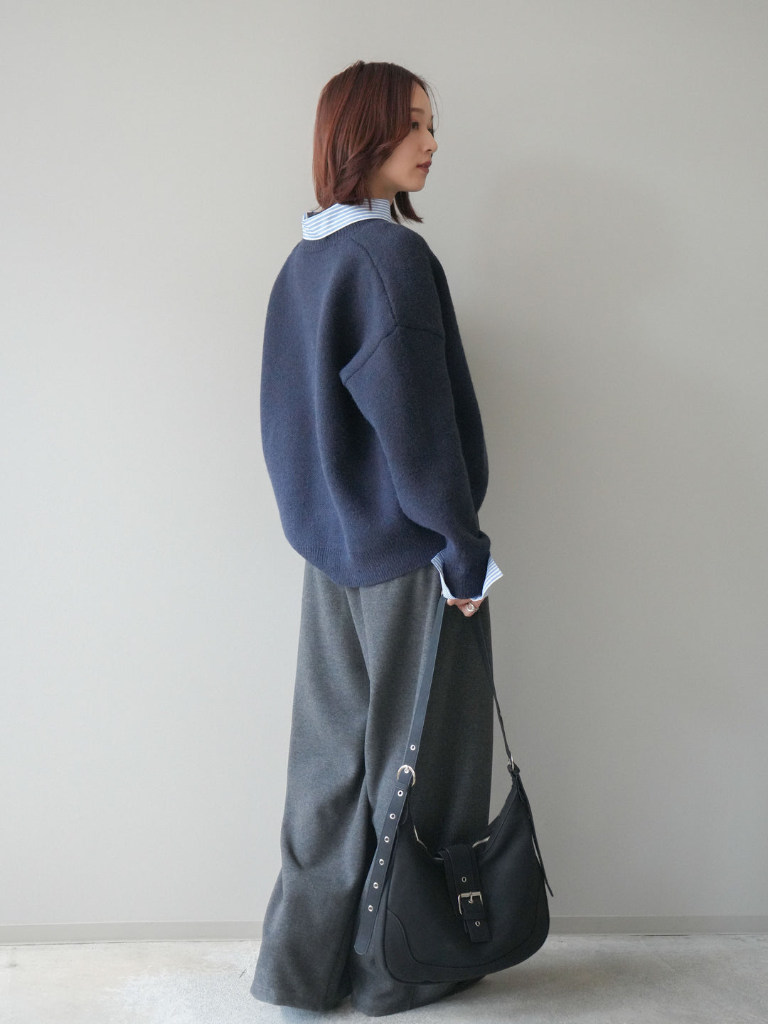 [予約]編み込みベルト付きウエスト配色スエットパンツ/charcoal