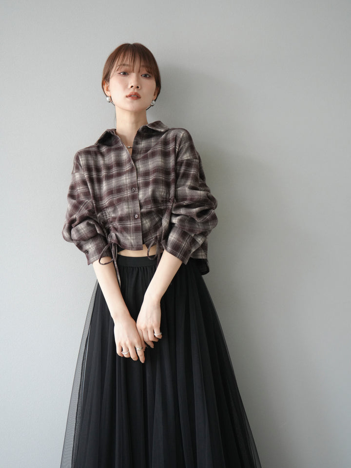 [予約]ドロストクロップネルチェックドシャツ/ブラウン