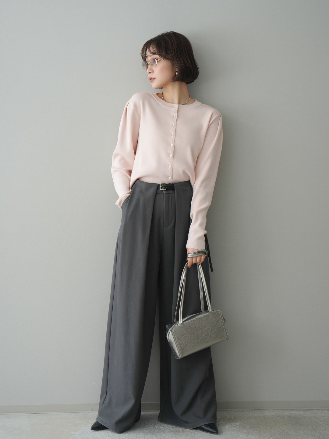 [SET]クリアボタンタックニットカーディガン+ベルトループデザインワイドパンツ(2set)