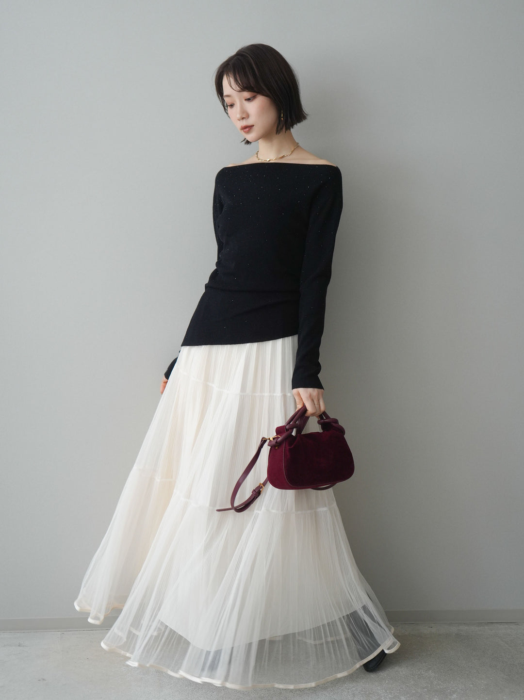 [予約]ラメプリーツレイヤードチュールロングスカート/ivory