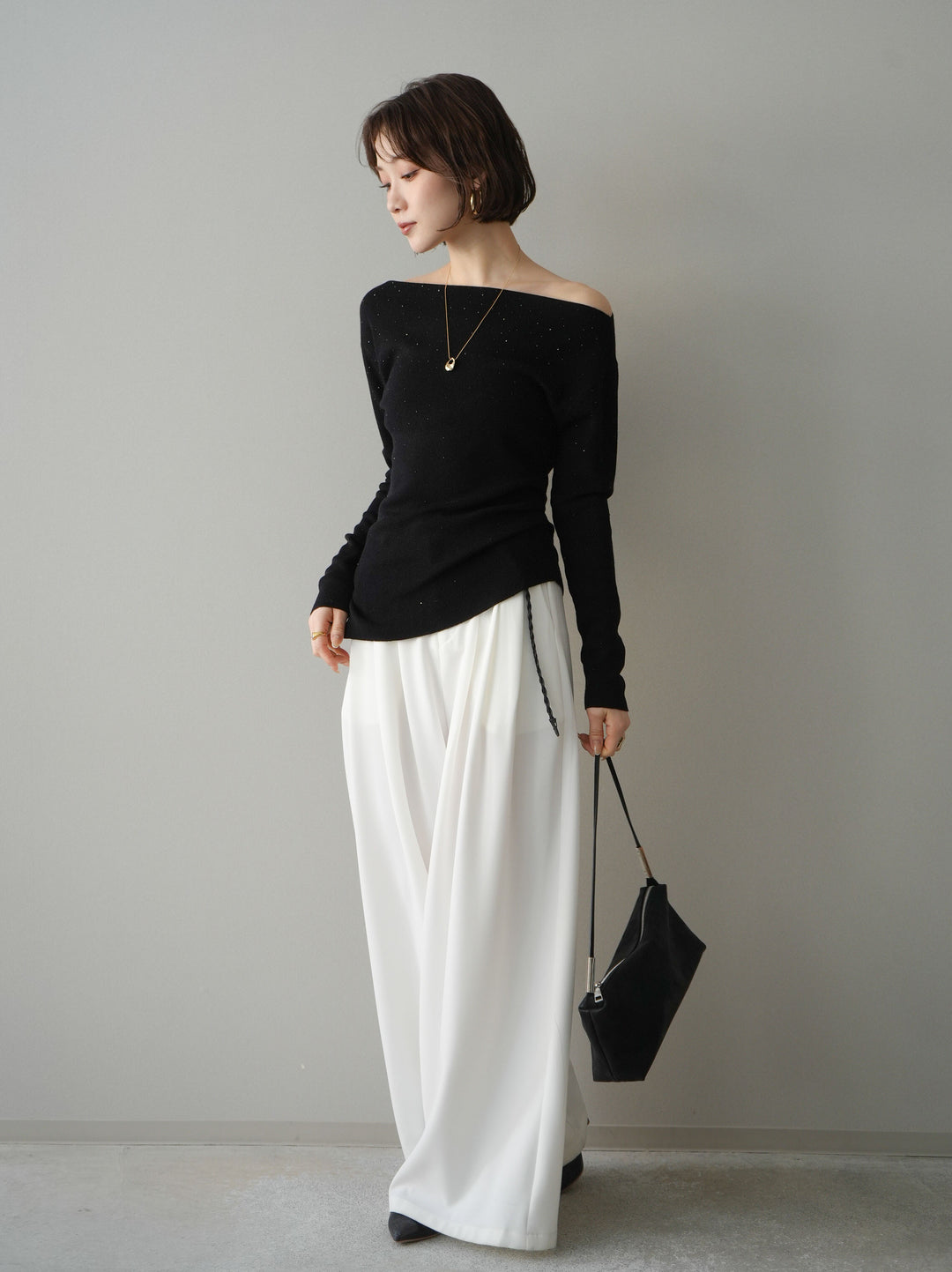 [予約]編み込みベルト付タックワイドパンツ/white