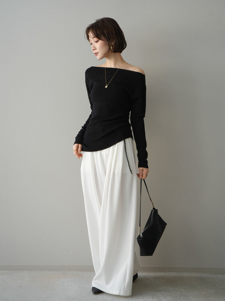 [予約]編み込みベルト付タックワイドパンツ/white