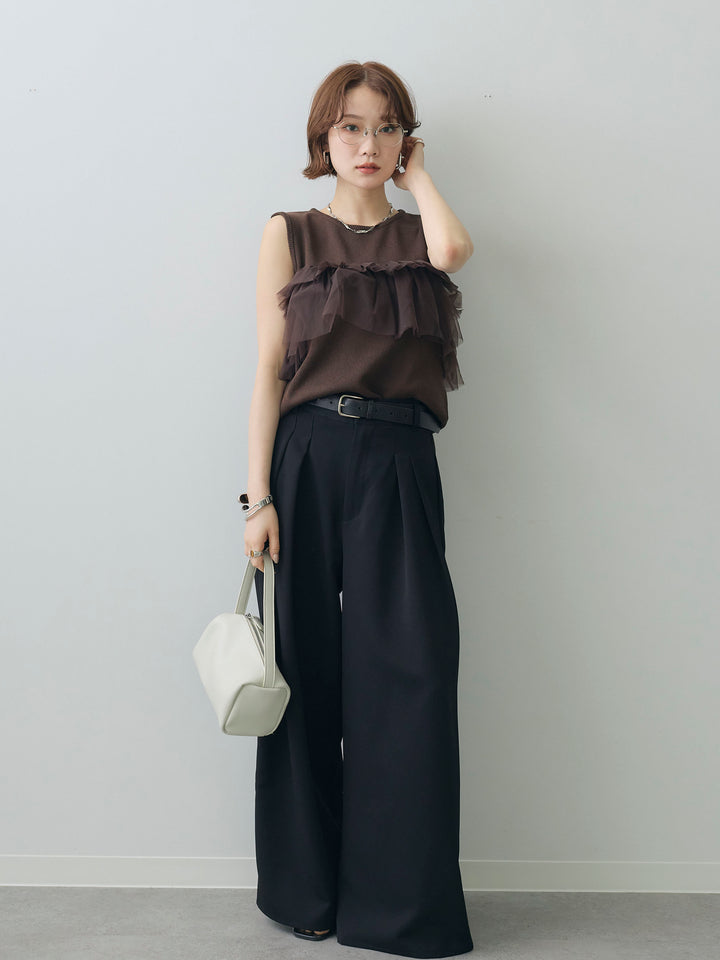[予約]チュールフリルニットノースリトップス/brown