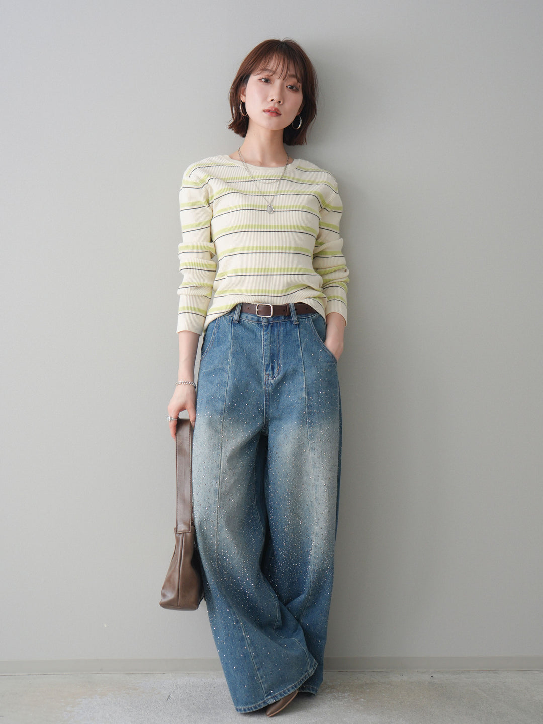 [予約]バックオープンテレコリブマルチボーダートップス/ivory