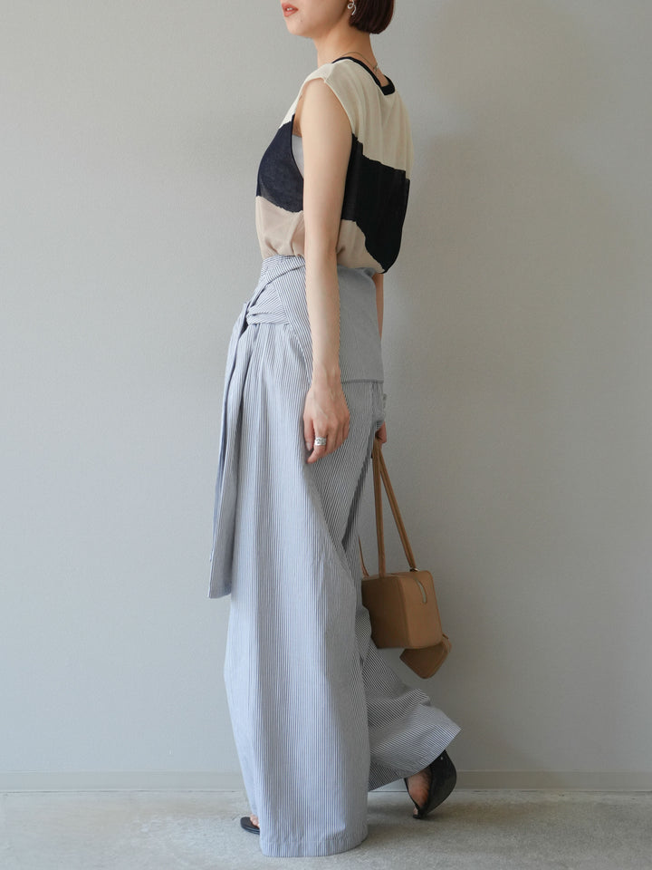 [SET] 雙色透視針織無袖上衣 + 條紋束腰休閒褲 (2set)
