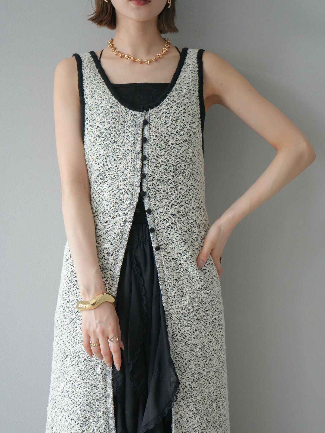 【預購】混紗前開衩洋裝/黑色