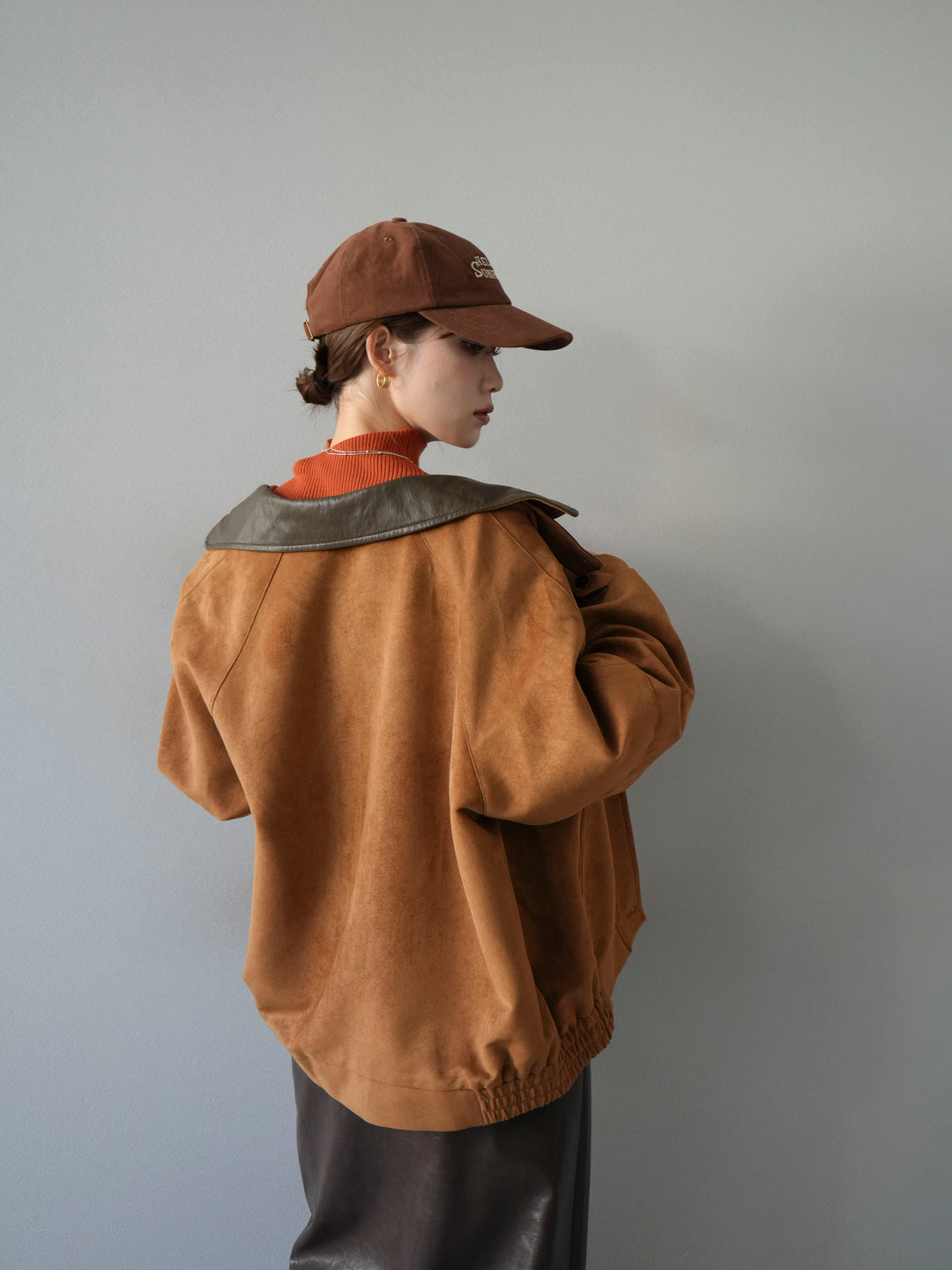 [予約]デザインポケットレザー襟スウェードジャケット/キャメル