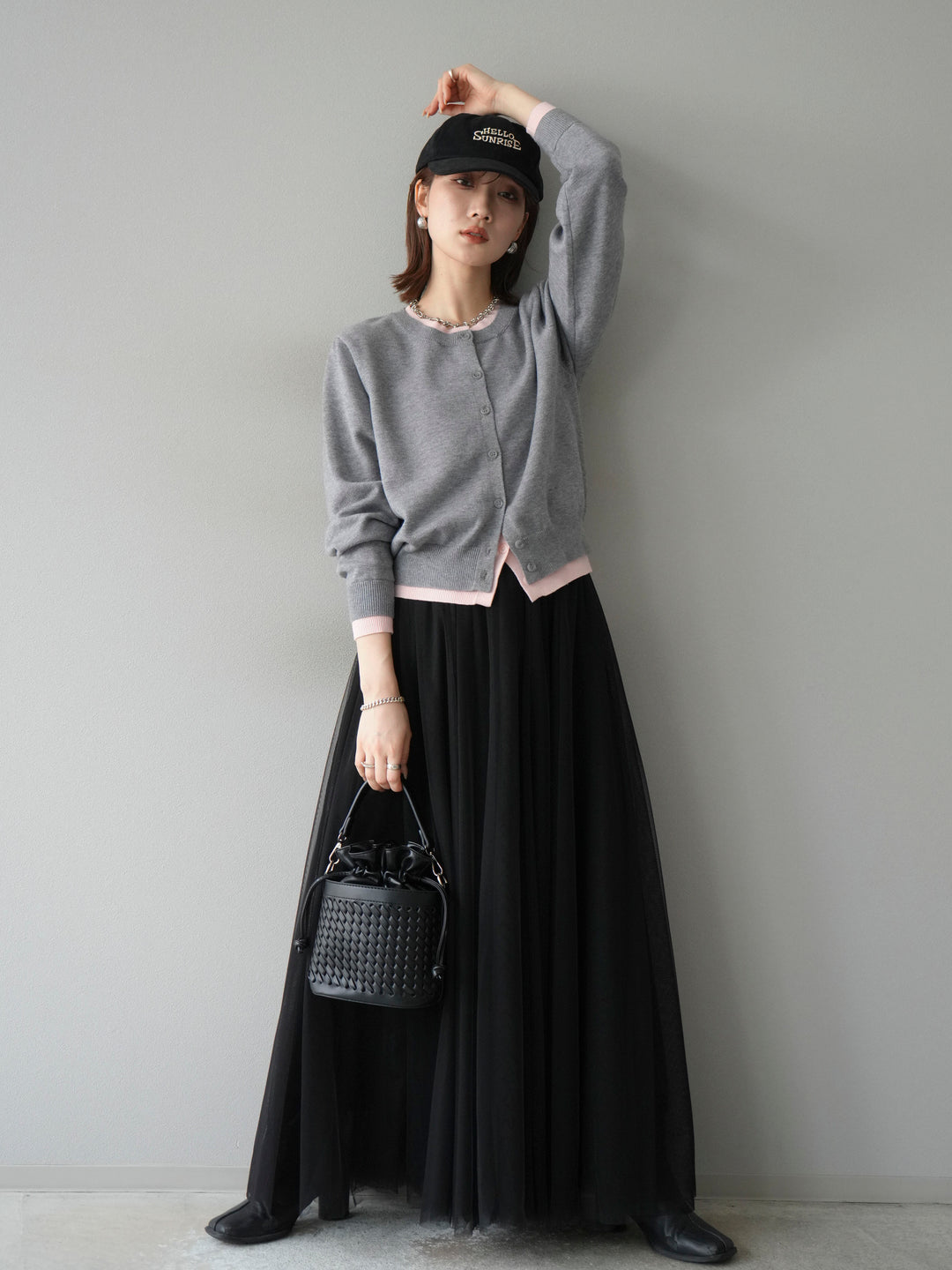 [SET]配色レイヤードカーディガン+チュールボリュームスカート(2set)