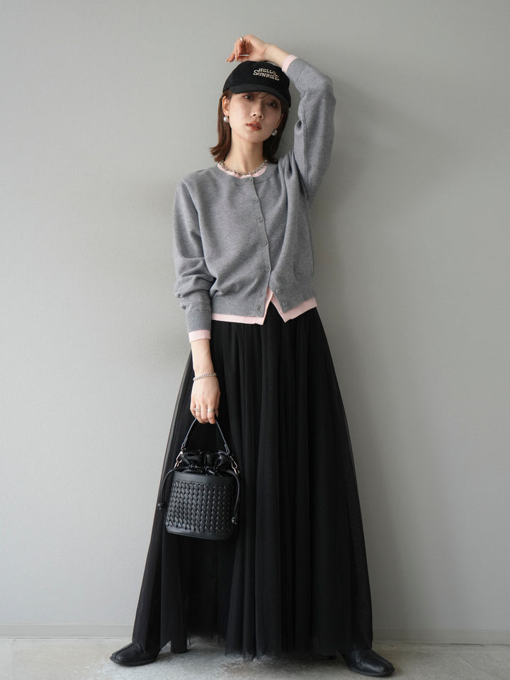 [SET]配色レイヤードカーディガン+チュールボリュームスカート(2set)