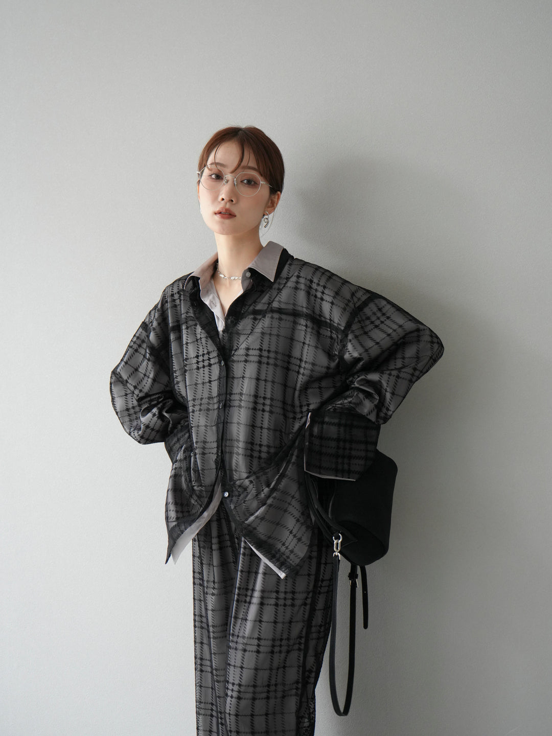 [予約]チェック柄チュールシャツアンサンブル/ブラック