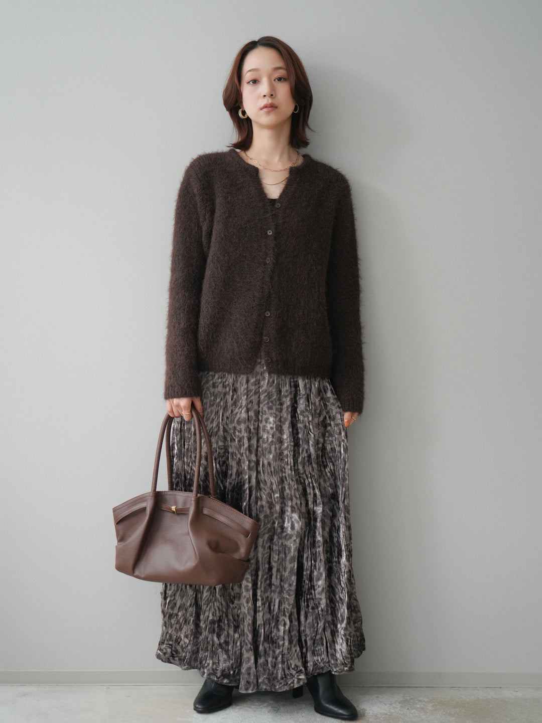 [予約]レオパードベロアワッシャーロングスカート/gray