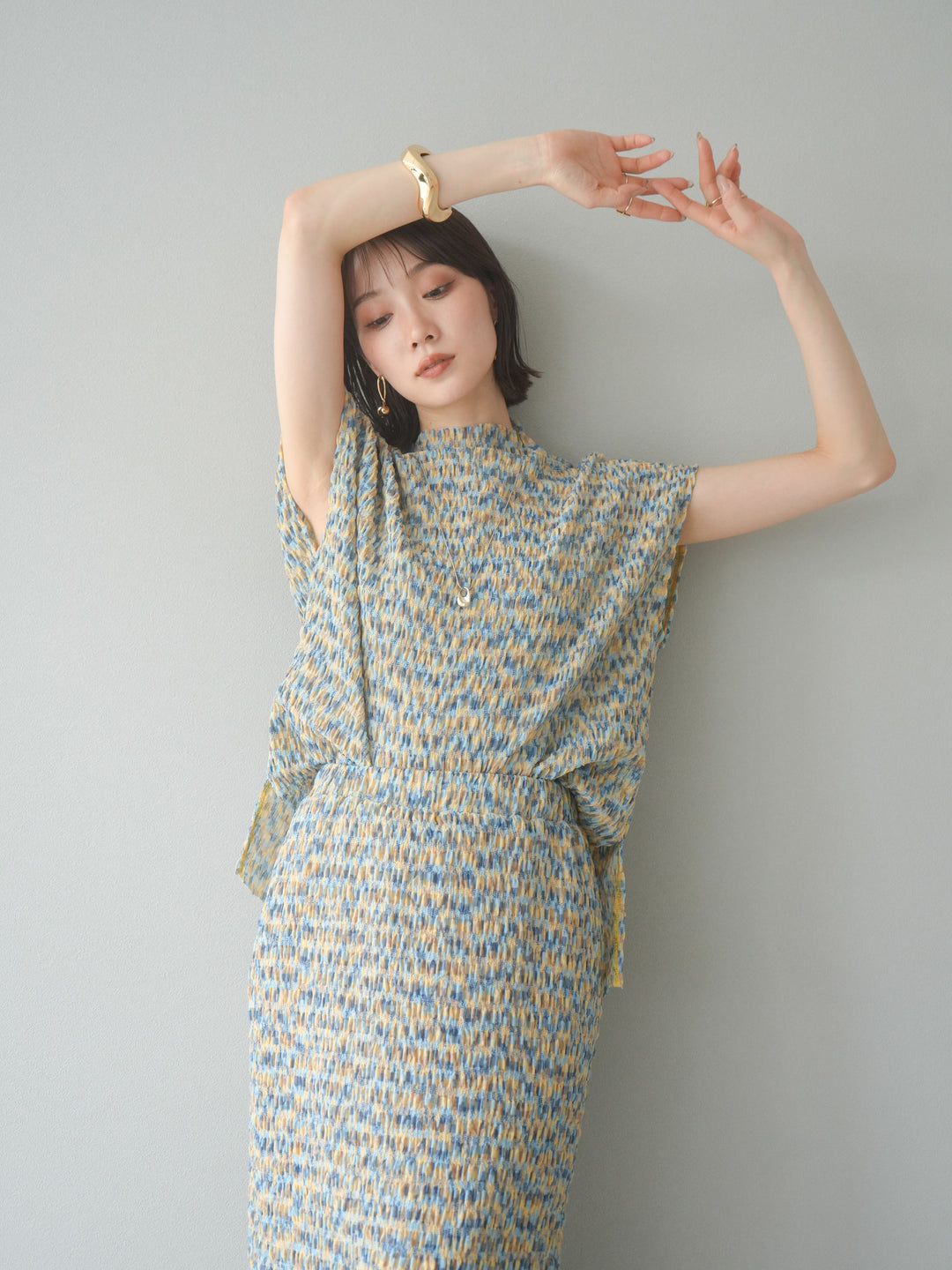 [予約]マルチカラーランダムプリーツフレンチトップス/イエロー