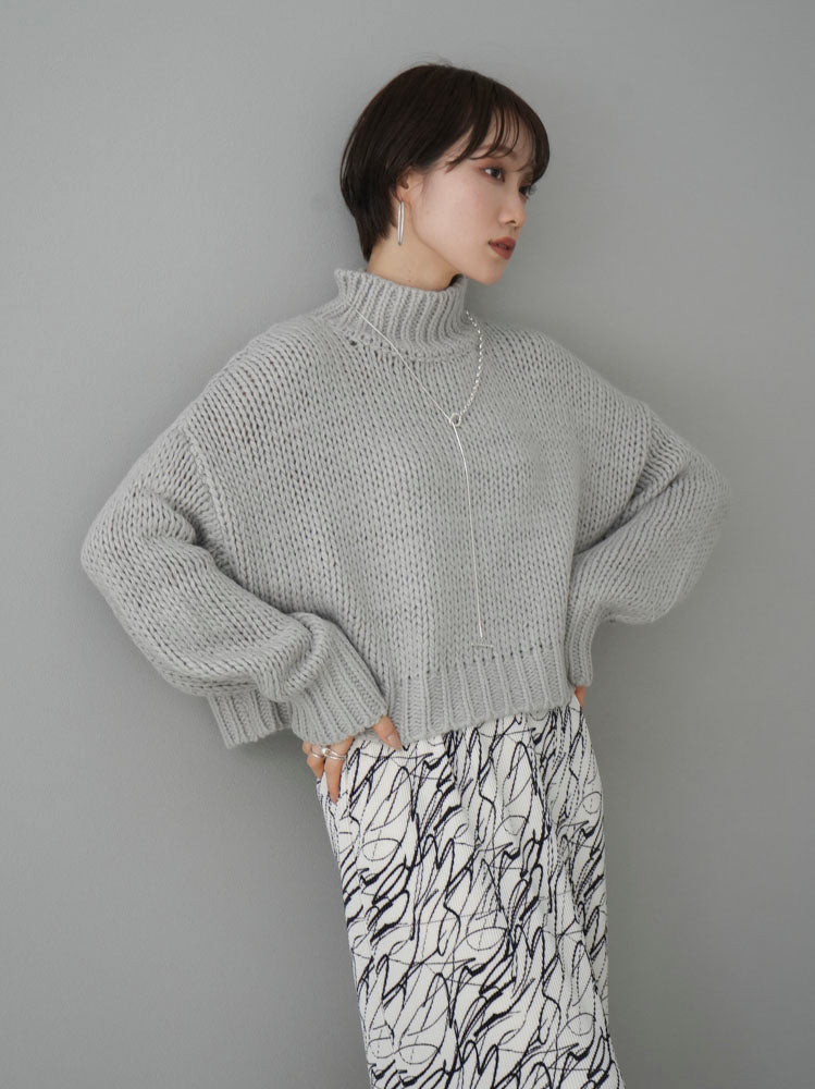 [Pre-order] Rib knit high neck short knit pullover/gray