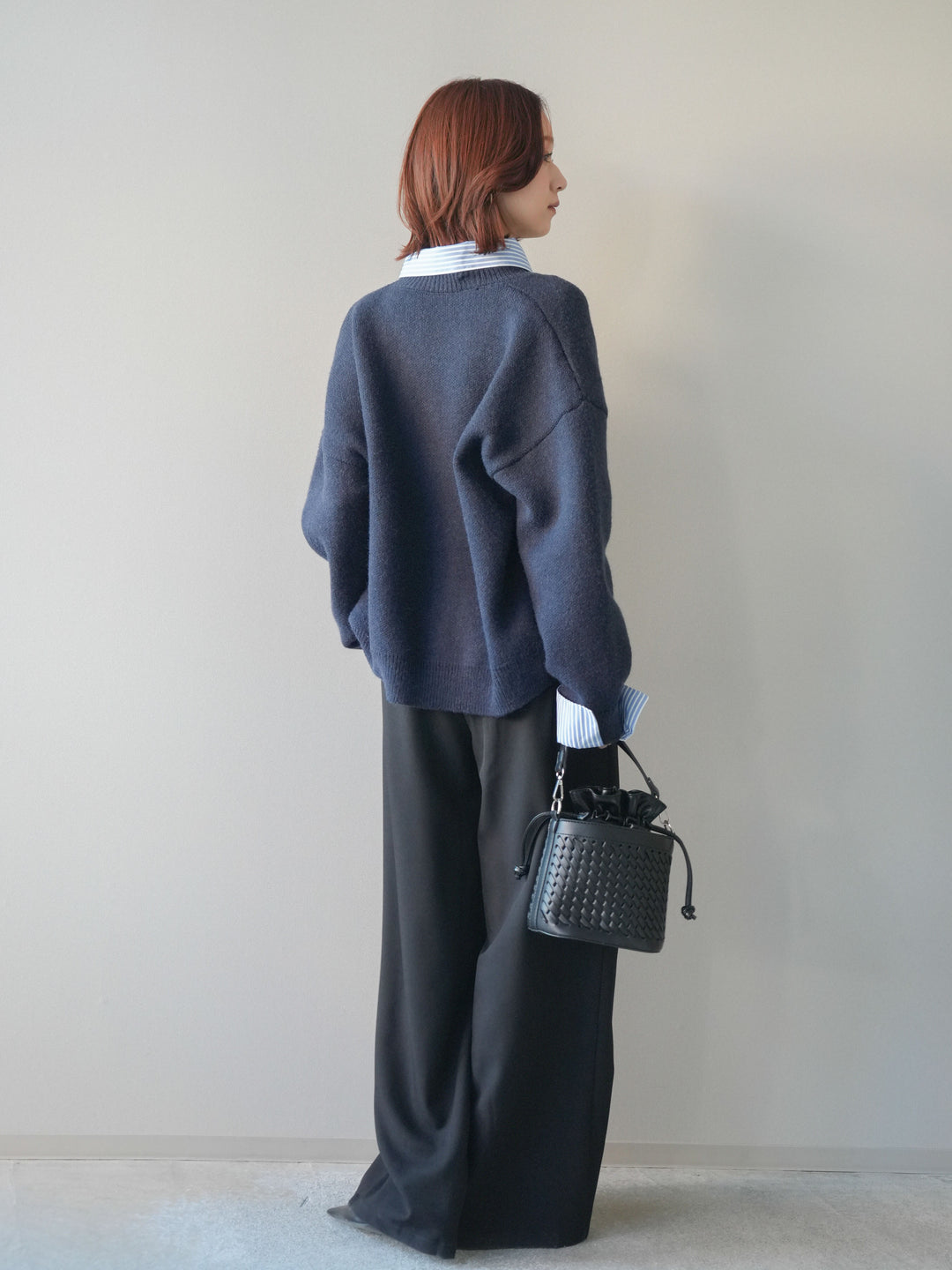 [SET]2WAYストライプ襟ニットプルオーバー+ベルトループデザインワイドパンツ(2set)