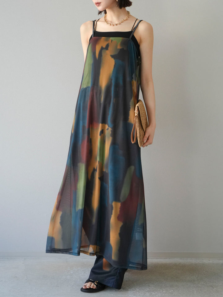 [SET]水彩アートシアーキャミワンピース+水彩アートイージーパンツ(2set)