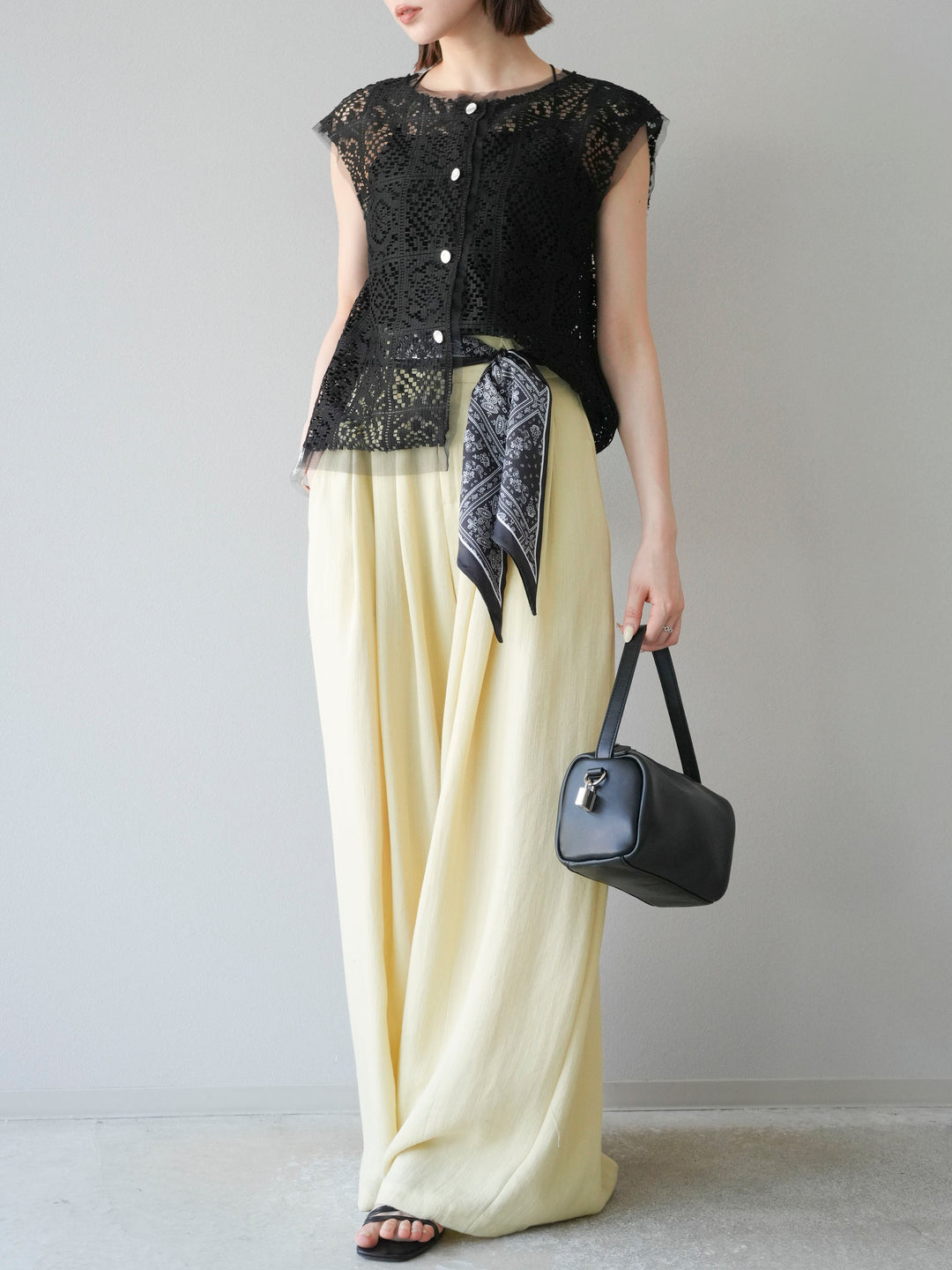 [予約]スカーフベルト付3タックワイドパンツ/イエロー