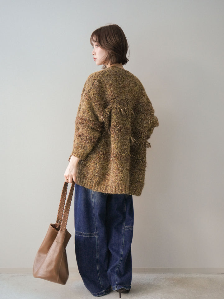 [SET]ミックスヤーンフリンジデザインニットジャケット+裏起毛加工デニムカーブパンツ(2set)