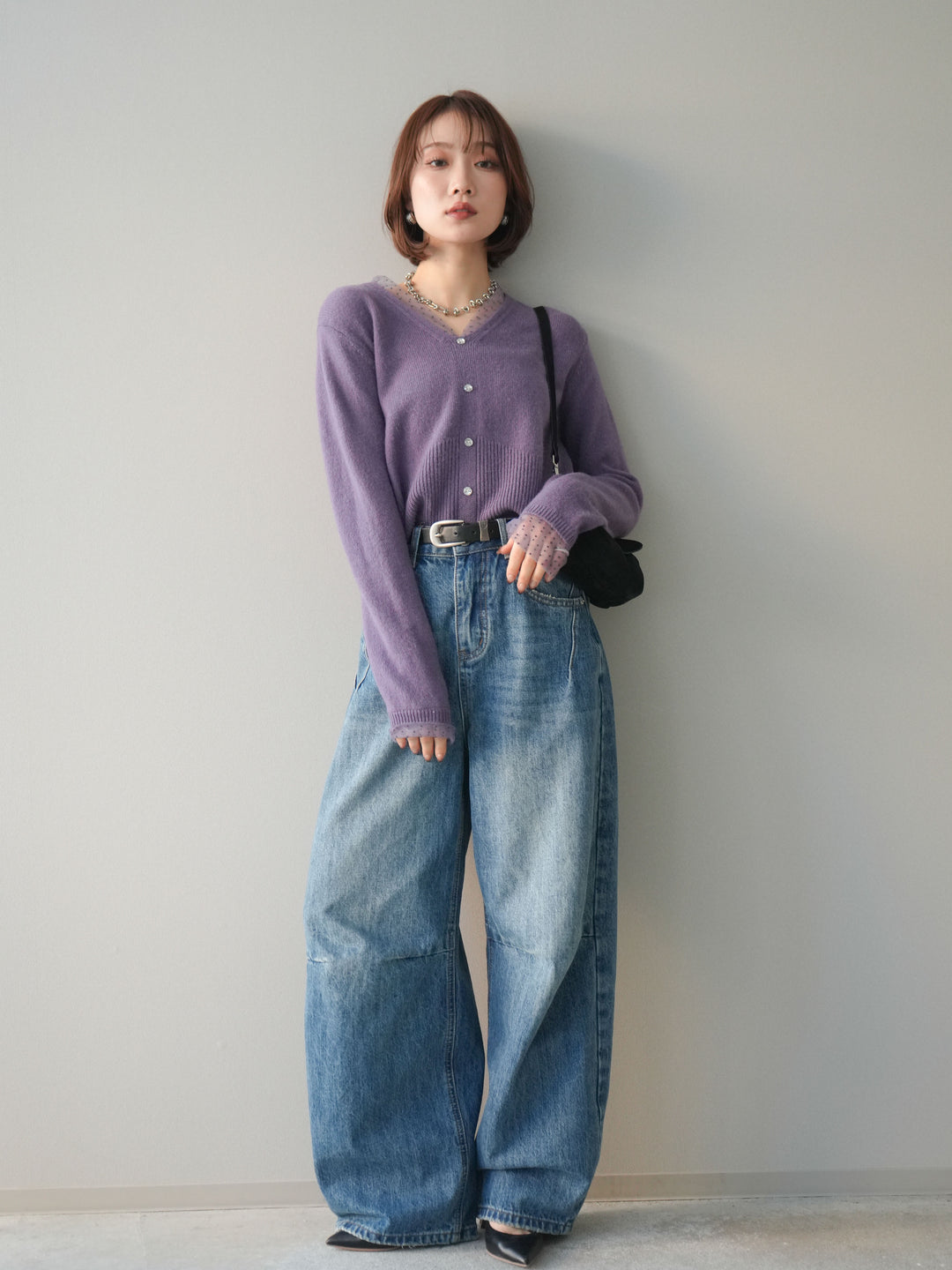 [SET]ドットチュールレイヤードボタンニットトップス+選べるアクセセット(2set)