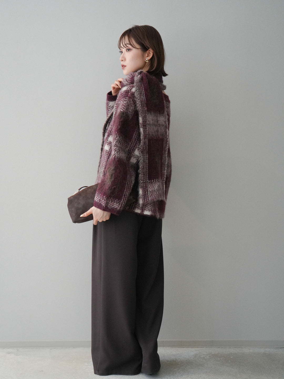 [SET]ストール付シャギーチェックニットプルオーバー+ベルトループデザインワイドパンツ(2set)