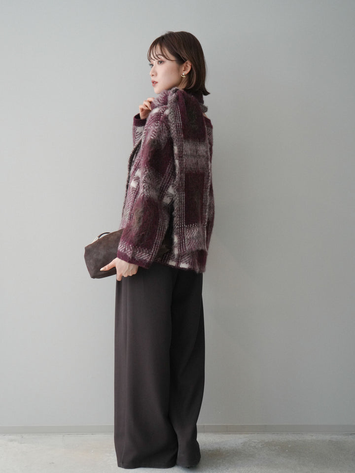 [SET]ストール付シャギーチェックニットプルオーバー+ベルトループデザインワイドパンツ(2set)