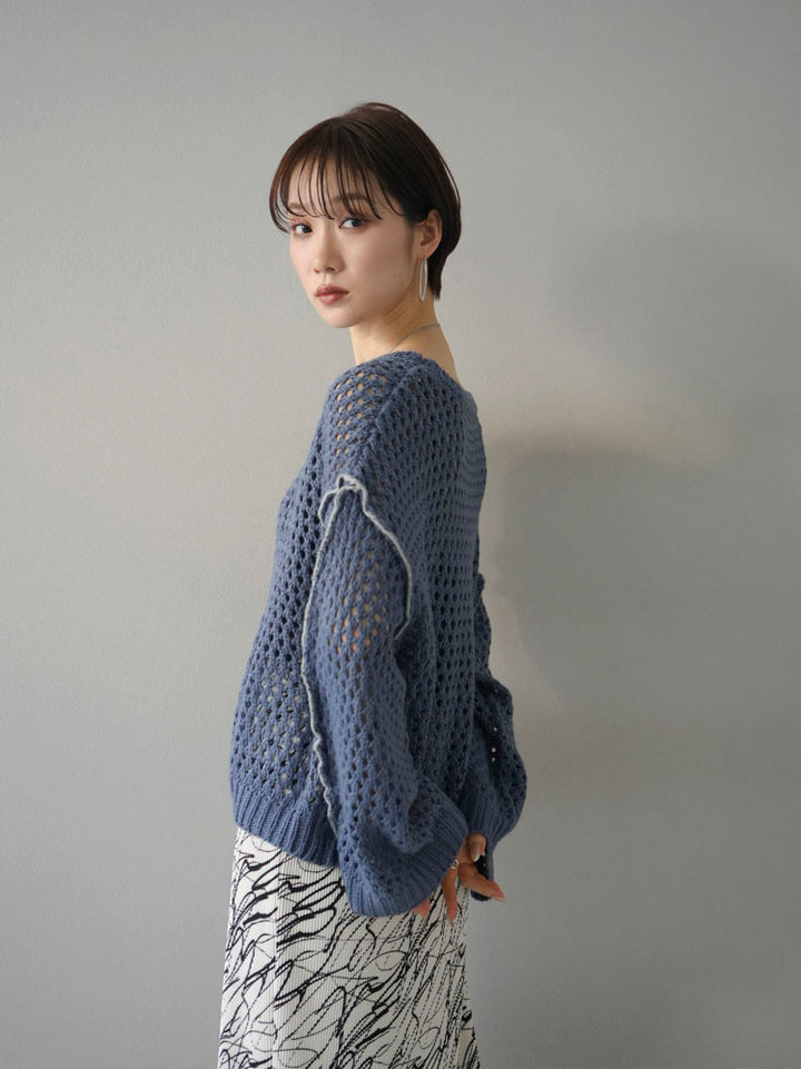 [Pre-order] Color-matched stitch openwork knit pullover/blue